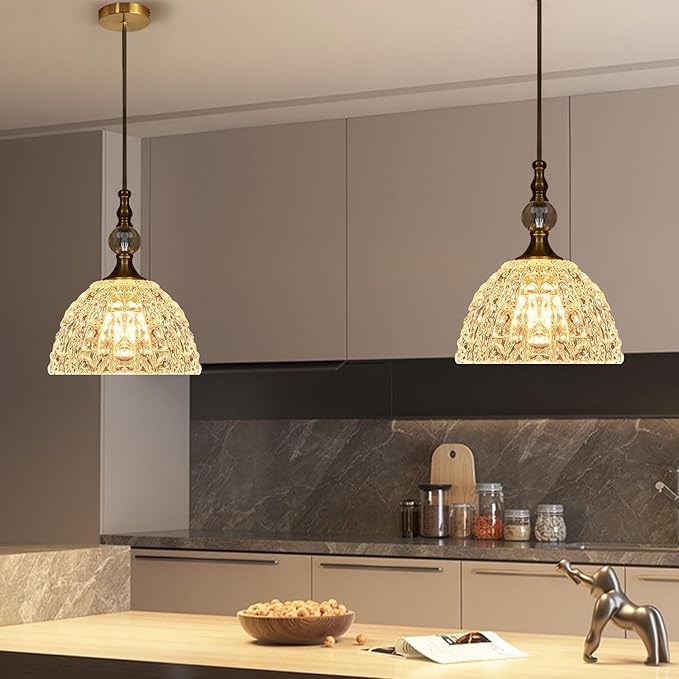 2 Pack Modern Bronze Glass Pendant Light 7.68 in Dome Light Fixture with K9 Crystal Ball Adjustable Height Vintage Brass Hanging Lights for Kitchen Island Bedroom Dining Room Living Room