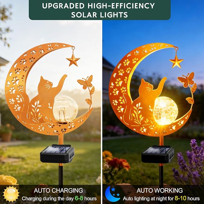 Solar Garden Decor Outdoor Statue, Moon Fairy Garden Figurines with Cat Design for Mom Women Grandma Solar Stake Lights for Patio, Yard, Lawn, Pathway (Warm White)