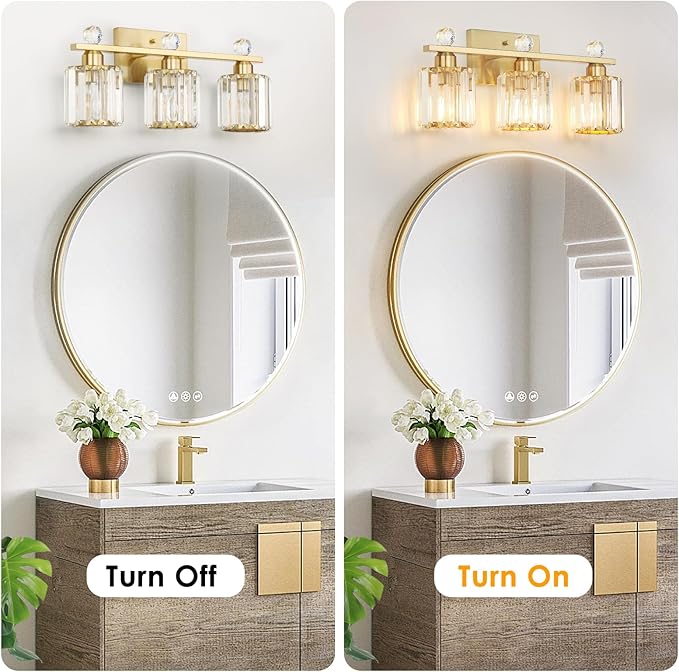 3-Light Gold Bathroom Light Fixtures,Modern Bathroom Vanity Lights Fixture with Clear Crystal Glass Shade, Modern Crystal 3 Lights Wall Sconce for Mirror Bedroom Living Room