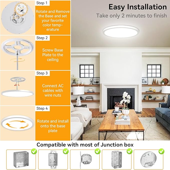 3CCT 3000k/4000k/6000k Selectable, Led Flush Mount Ceiling Light, 20 Inch 5000LM Round Modern Flat Panel,Super Slim for Living Dining Kitchen Bedroom Room