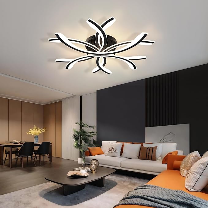 Modern LED Flush Mount Ceiling Light - 12 Lights Dimmable Close-to-Ceiling Fixture with Remote Control, 144W 3000K-6500K Adjustable Color Temperature (Black)