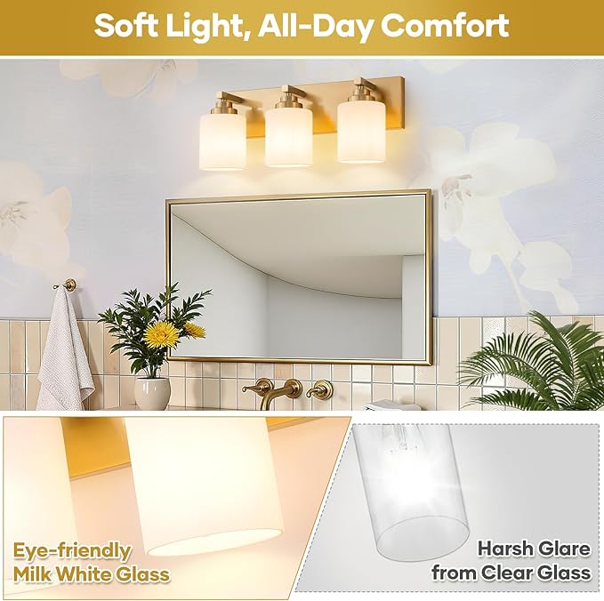 Bathroom Vanity Light Fixture, 3-Light Brushed Gold Bathroom Light Fixtures Over Mirror with Milky White Glass Shades, Modern Vanity Lights for Bathroom Living Room Hallway (Bulbs Not Included)