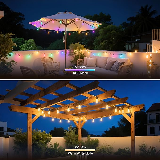Outdoor String Lights 48ft, Patio Lights with 15 Dimmable LED Bulbs, RGBW & Warm White, IP67 Waterproof, Shatterproof, APP & Remote Control, Color Change, Customizable Colors for Backyard Decor