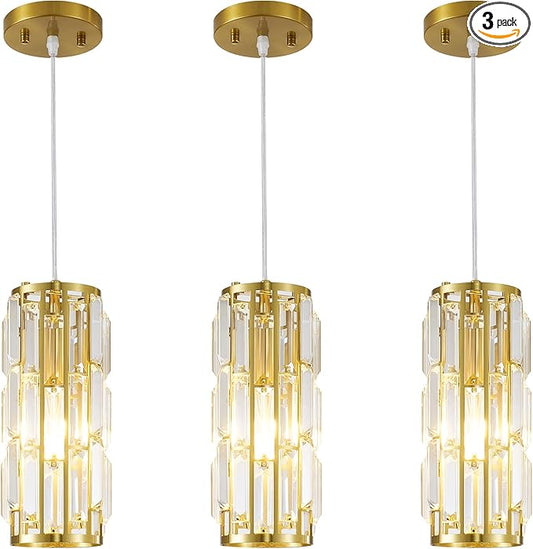 Pendant Lights Modern Gold Pendant Light, Mini Crystal Pendant lamp, Adjustable Pendant Lighting for Kitchen, Dining Room, and Bedroom (Gold Pack of 3)