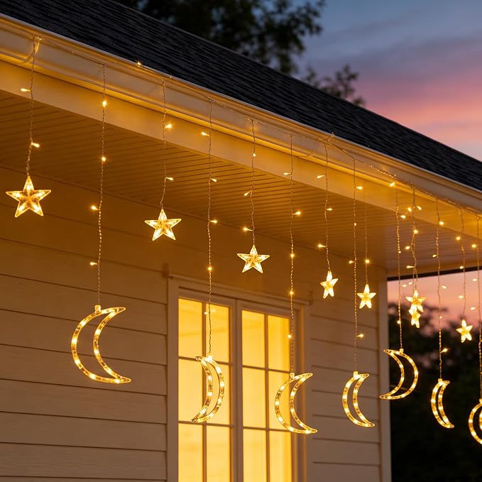 TW SHINE Ramadan Star Moon Curtain String Lights, 138 LED 8.2 FT Star Moon Hanging Lights with 8 Modes and Timer, Waterproof Fairy Lights for Indoor Outdoor Window Holiday Mubarak Ramadan Decorations