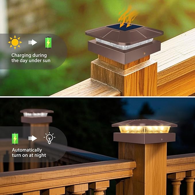 Peasur 16 Packs 4x4 Post Solar Lights 3 Lighting Modes, Brown Solar Powered Cap Lights Fits 4×4/3.5×3.5 Wood/Vinyl Posts, Waterproof Post Top Light Outdoor for Fence Deck Mailbox Porch Railing