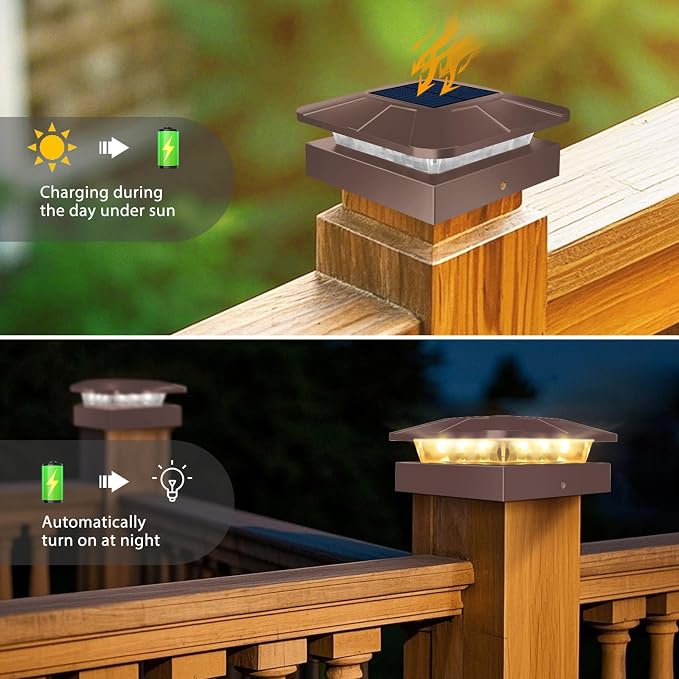 Peasur 4x4 Solar Post Cap Lights Outdoor with 3 Lighting Modes, 4 Packs Brown Fence Caps Light Fits 4×4/3.5×3.5 Wood/Vinyl Posts, Waterproof Post Top Lighting for Deck Mailbox Porch Railing