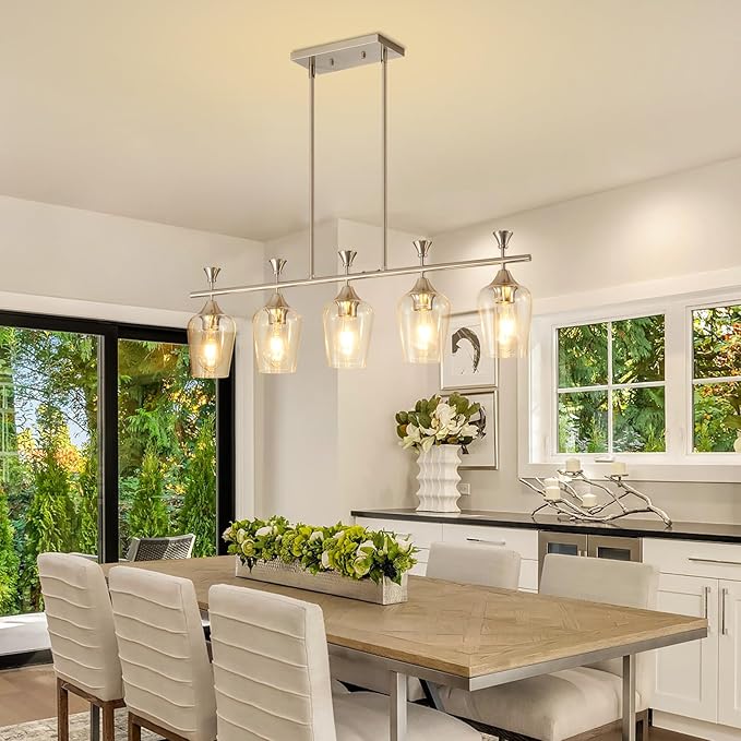 37" Dining Room Light Fixture/Chandelier Over Table, 5-Light Brushed Nickel Kitchen Island Lighting with Clear Glass Shade, Modern Hanging Pendant Lights Fixture for Kitchen Island, Dining Room, Bar