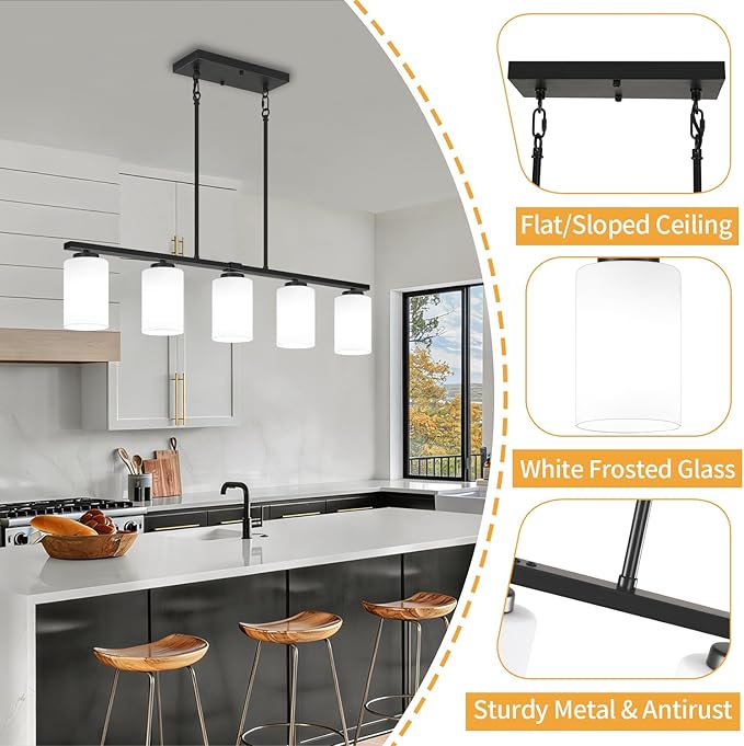 Modern Island Lights for Kitchen 5-Light Black Dining Room Light Fixtures Over Table Glass Penadnt Lights Adjustable Hanging Kitchen Island Lighting Linear Farmhouse Chandelier Over Island