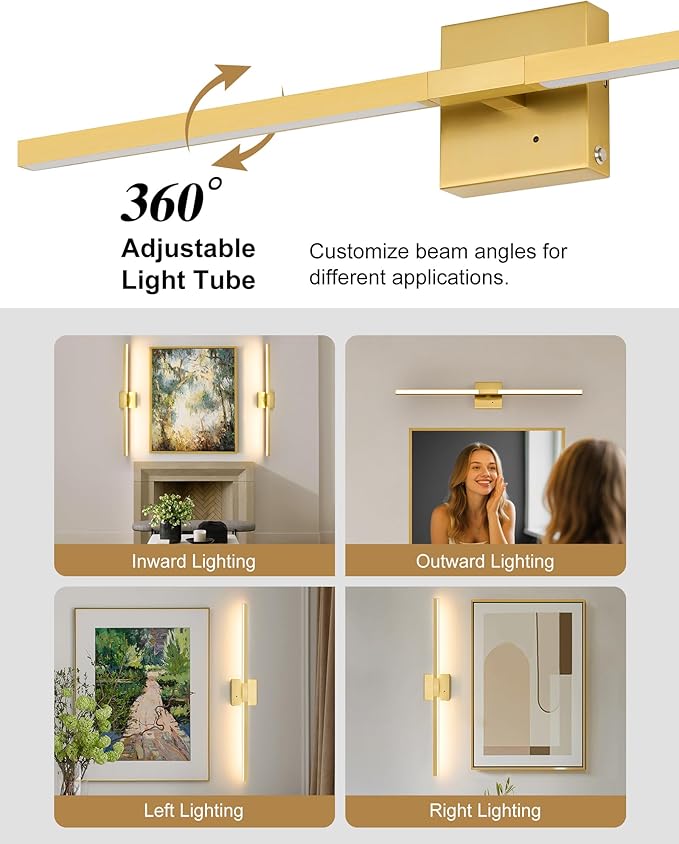 Rayogale 36 Inch 8000mAh Wireless Wall Sconce with Remote Control, 3000K/4500K/6000K Dimmable Battery Operated Wall Sconce Set of 2 with Timer, Rechargeable Wall Lights for Living Room Bedroom, Gold