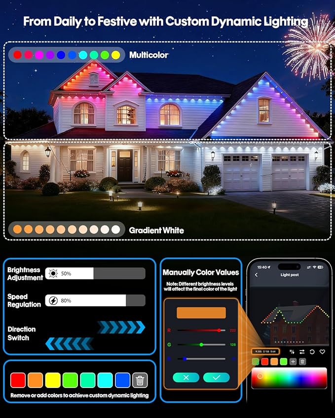 Super RGB Permanent Outdoor Lights 50Ft 30LEDs, Smart RGB-IC Year Round Eave Deck Fence Outside Lights with Remote & App Control, Multicolor & White Individual DIY LED Christmas Holiday Decor