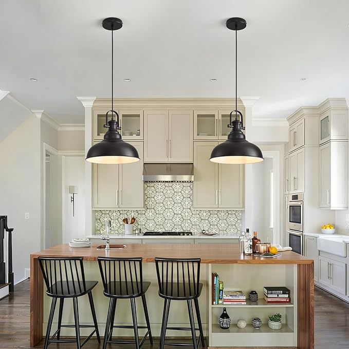 Matte Black Pendant Light, 11.0 Inch Pendant Light Fixture with Adjustable Cord, Industrial Hanging Lamp for Bedroom, Kitchen Island, Living Room, Dining Room, Hallway(1 Pack)