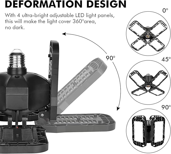 Tudoccy LED Garage Light 4 Pack, 180W Ultra Bright LED Shop Light with 4 Adjustable Panels, 18000LM E26/E27 Base Deformable Ceiling Fixtures for Garage, Workshop, Attic, Basement, Barn (Black-4 Pack)