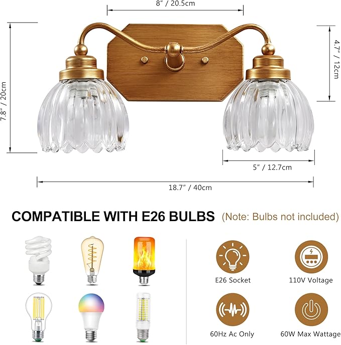 Vintage Bathroom Light Fixtures, 2 Light Gold Bathroom Vanity Light, Matte Antique Brass Finish with Crystal Glass Shade, Wall Sconces Lighting for Bedroom, Living Room, Hallway