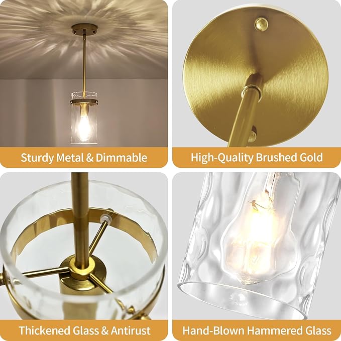 Brushed Gold Pendant Lights Kitchen Island, Modern Hammered Glass Pendant Lighting Over Island Adjustable Kitchen Hanging Light Fixtures Mini Pendant Light for Bathroom Dining Room Hallway Foyer