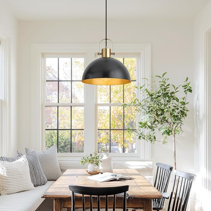 12 Inch Farmhouse Pendant Lights, Black Pendant Lighting for Kitchen Island, lndustrial Adjustable Height Hanging Light for Barn, Dining Room, 2 Pack