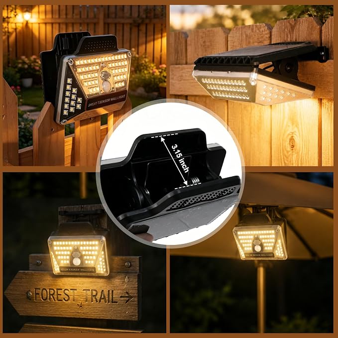 4-Pack Solar Clip Lights with Motion Sensor, Waterproof 110 LEDs 600LM, 360° Wide Angle Bright Outdoor Lights with 3 Lighting Modes for Fence, Deck, Patio and Porch