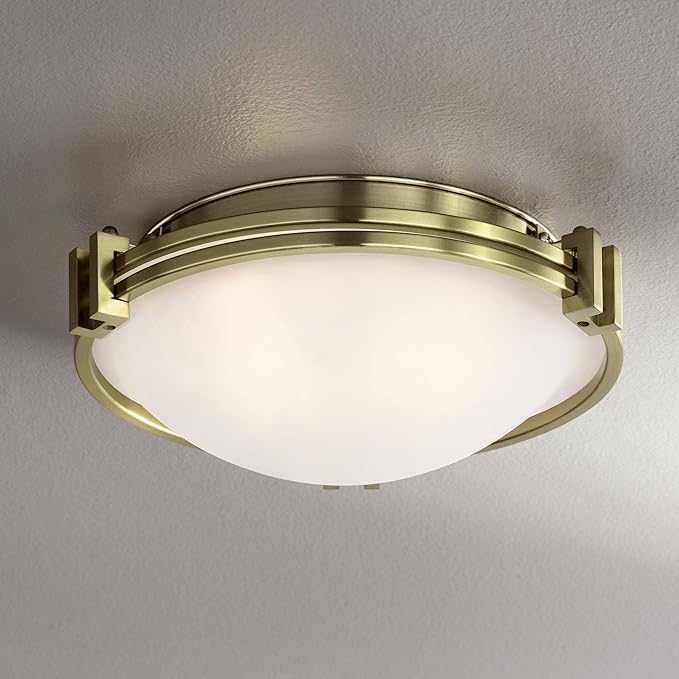 Possini Euro Design Deco Mid Century Modern Close to Ceiling Light Flush Mount Fixture 12 3/4" Wide Warm Brass Gold Satin White Glass Bowl Shade for Bedroom Kitchen Living Room Hallway Bathroom
