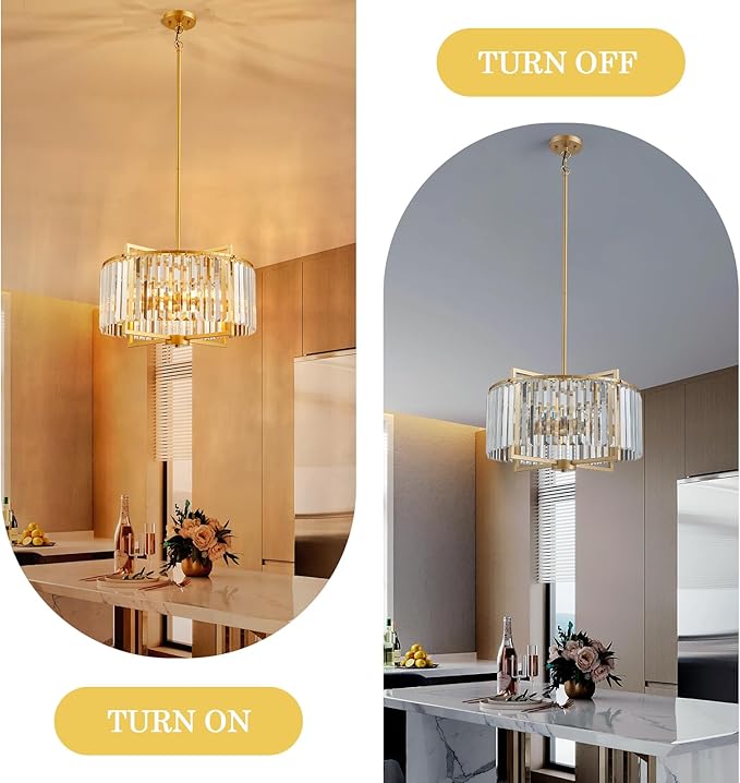 Modern Drum Crystal Chandelier for Dining Room, 20" Round Rustic 5-Light Gold Pendant Lightting Fixture for Living Room Kitchen Island Bedroom Hallway Foyer