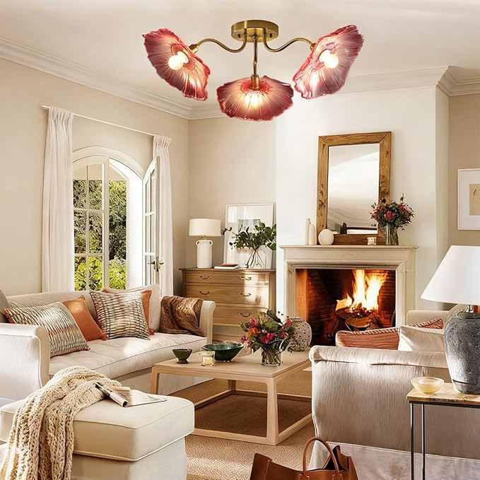 Pink Flower Chandelier 3-Lights Mid Century Modern Ceiling Light Glass Close to Ceiling Light Fixtures Sputnik Flush Mount Chandeliers Gold Brass Chandelier for Dining Living Room