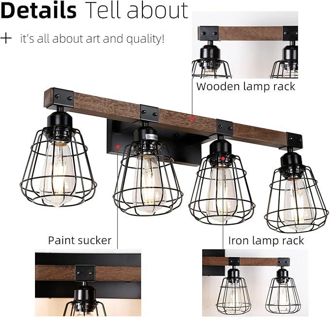 Bathroom Vanity Light Fixture,Rustic 4-Light Wood Wall Light,Industrial Bathroom Lighting Fixture Over Mirror,Modern Matte Black Metal Cage Wall Sconce for Hallway,Kitchen,Bedroom