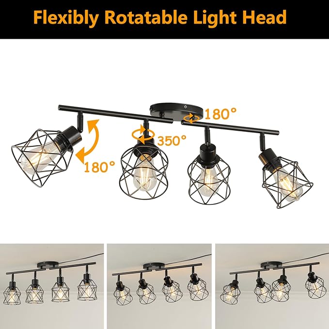 Dimmable 4 Light Plug in Ceiling Light,Black Plug in Track Lighting Kit with 16.5' Cord,Flexibly Rotatable Light Head,Modern Industrial Farmhouse Style(Bulbs Not Included)