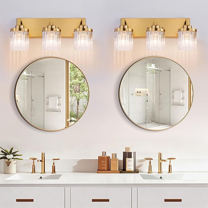 Modern Crystal Bathroom Light Fixtures, 3 Light Gold Vanity Lights, with Crystal Glass Shade, Industrial Bathroom Lighting Fixtures Over Mirror Wall Light for Bedroom Living Room