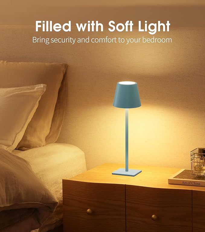 UME 3 Pack Cordless Table Lamp, Battery Operated Lamp - Portable Waterproof Rechargeable Table Lamp w/ 3 Color Temps & Stepless Dimming for Dinner, Desk, Cafe, Outdoor (Blue)