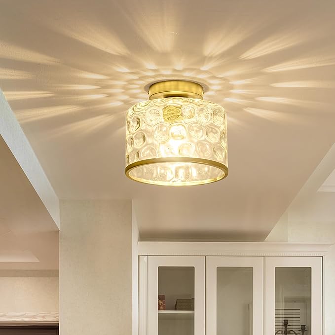 Zlepmlla Gold Flush Mount Ceiling Light with Clear Hammered Glass lampshade, Farmhouse Ceiling Lights Fixture in Satin Brass for Kitchen Bathroom, Bulb not Included