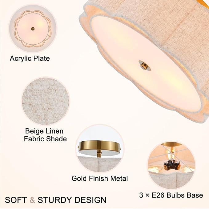 Semi Flush Mount Ceiling Light, Beige Linen Fabric Shade Ceiling Light, Golden Modern Farmhouse Close to Ceiling Light for Bedroom, Hallway, Living Room, Dining Room, Laundry Room