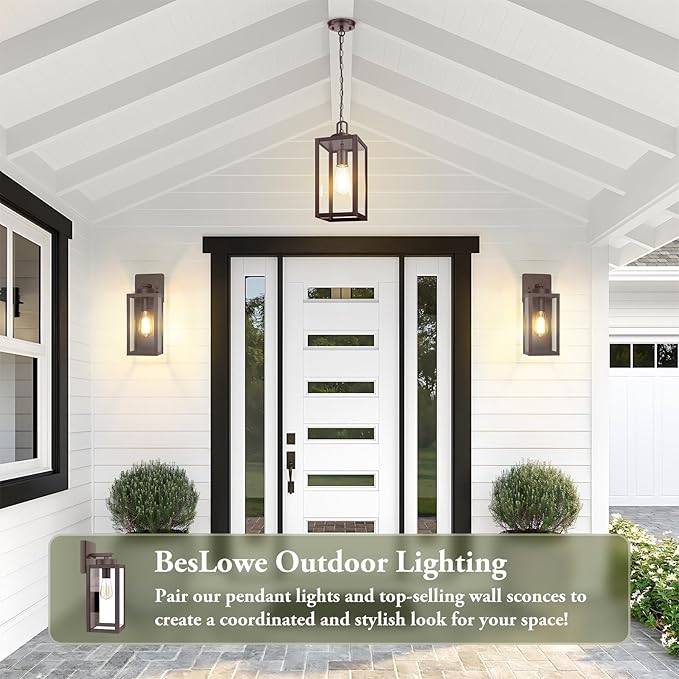 BesLowe 1-Pack Outdoor Pendant Light, 13” Modern Hanging Lantern Light for Outside, Brown Exterior Pendant Lighting Fixture with Adjustable Chain, Outdoor Chandelier for Porch, Gazebo, Front Door