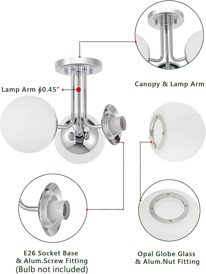 3 Light Semi Flush Mount Chrome Ceiling Light Fixture, Modern Globe Chandelier, Sputnik Farmhouse Lighting for Kitchen Bedroom Bathroom Living Room Corridor Laundry Room Bar