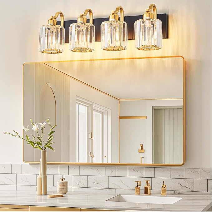4 Light Crystal Vanity Lights for Bathroom, Modern Matte Black and Gold Wall Lighting Fixtures with Crystal Round Shade Over Mirror (Exclude Bulb)