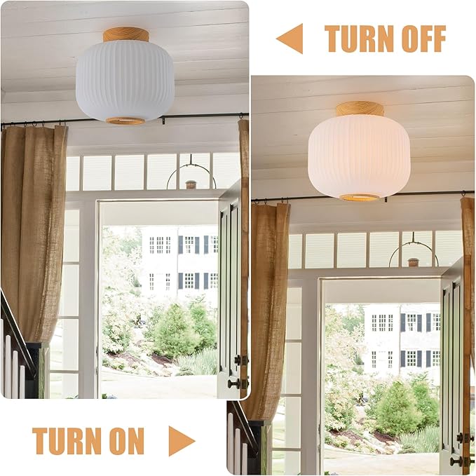 EDISLIVE Mid Century Modern Ceiling Light 9.8" Frosted Milk Glass Flush Mount Lighting Wood Ribbed Glass Light Fixture E26 Minimalist Small Ceiling Light for Hallyway Foyer Bedroom