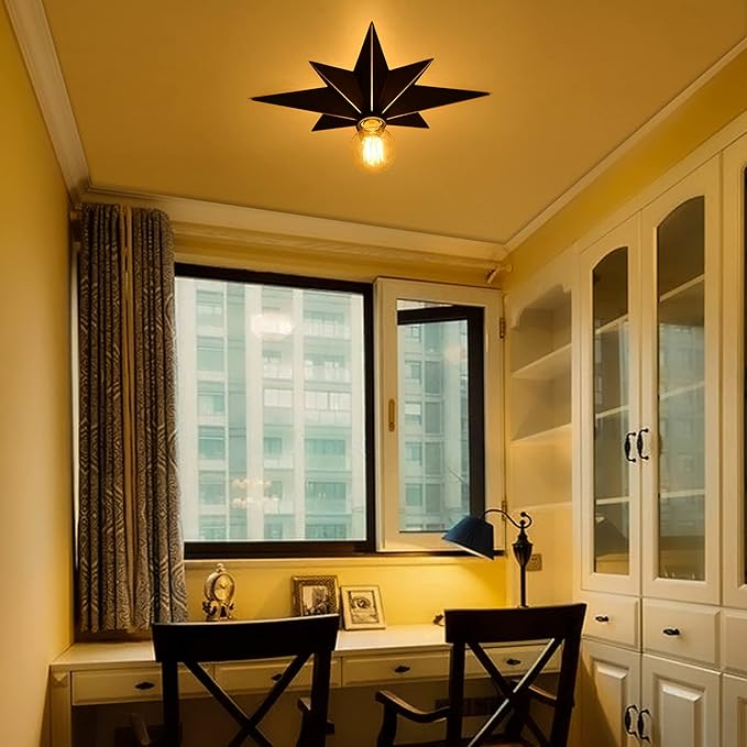 16 inch Flush Mount Ceiling Light, Industrial Black Metal Star Ceiling Lights, Vintage Entryway Light Fixtures, Farmhouse Star Lighting for Hallway, Porch, Study, Bedroom, Stair, Kitchen, Bathroom