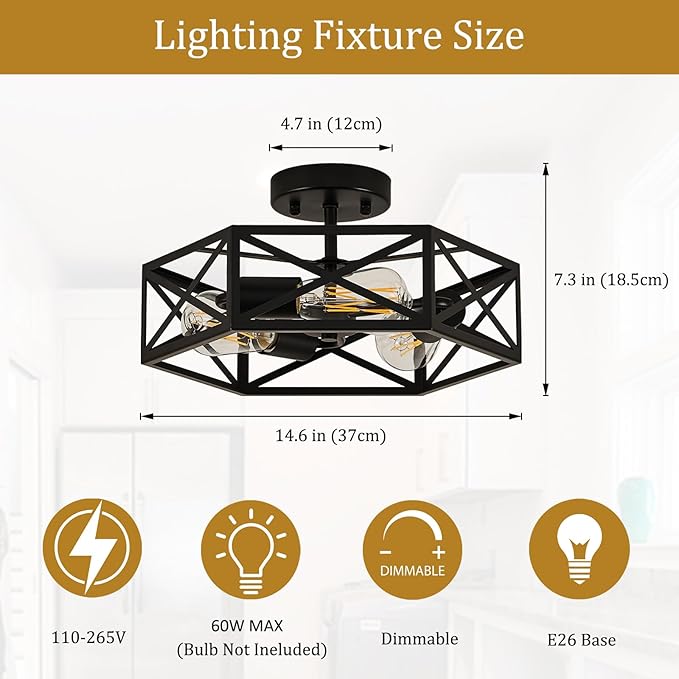 Modern Farmhouse Black Ceiling Light,Industrial Semi Flush Mount Ceiling Lighting Fixture,Hexagonal Lighting Fixtures for Kitchen,Bedroom,Foyer,Dining Room,Hallway,3-Light,14.6 Inch