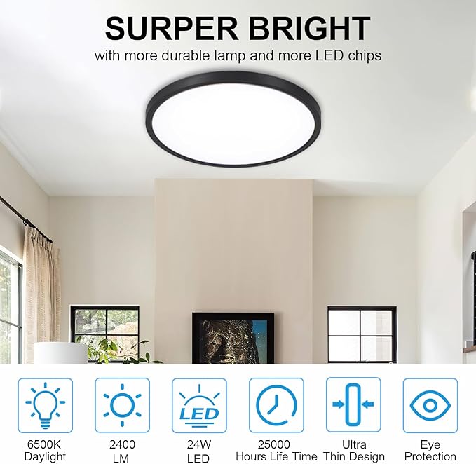 DLLT LED Flush Mount Ceiling Light: 12 inch Super Slim Dimmable & 5CCT (2700-6000K) Kitchen Lighting Fixtures Ceiling - 24W Black Low Profile Ceiling Lamp for Bedroom Garage Hallway