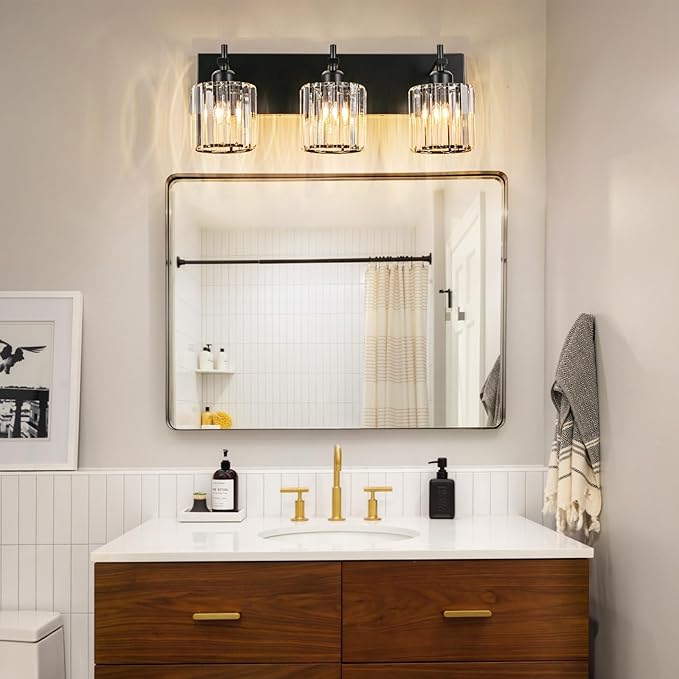 Black Crystal Bathroom Vanity Lights, Modern 3-Lights Bathroom Lighting Fixtures Over Mirror, Crystal Wall Lighting with Round Shade