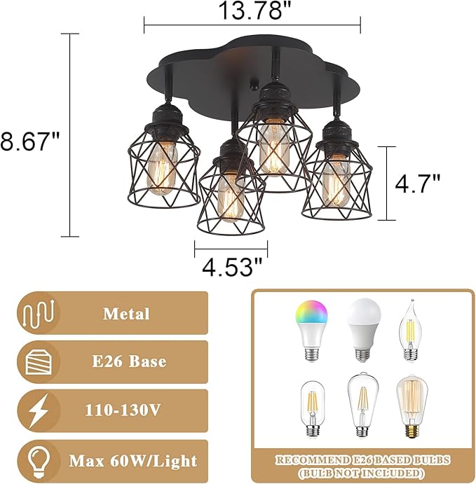 4-Lights Kitchen Light Fixtures Ceiling Mount, Adjustable Multi-Directional Black Flush Mount Ceiling Light Fixture, Vintage Metal Cage Farmhouse Lamp for Hallway, Dining Room, Farmhouse, Entryway
