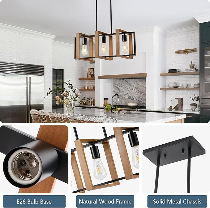 23.6" Kitchen Island Lighting,3 Lights Dining Table Chandelier, Rectangle Island Light for Dining&Living Room, Foyer Hallway,E26, Wood Frame.