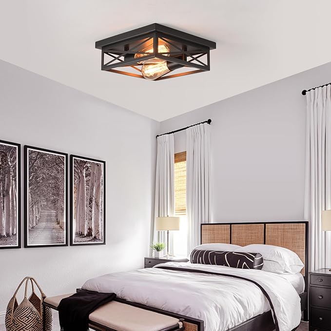 Black Flush Mount Ceiling Light,Hallway Light Ceiling Mount,Industrial Vintage Metal Cage Close to Ceiling Lights for Kitchen,Farmhouse,Bedroom