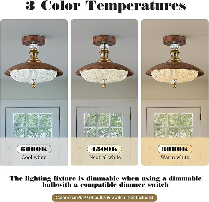 Vintage Crystal Semi-Flush Mount Ceiling Light, 5-Light Fixture, 11.8 Inch Close to Ceiling Lamp, Mid Century Suitable for Bedroom, Entryway, Hallway, Dining Room