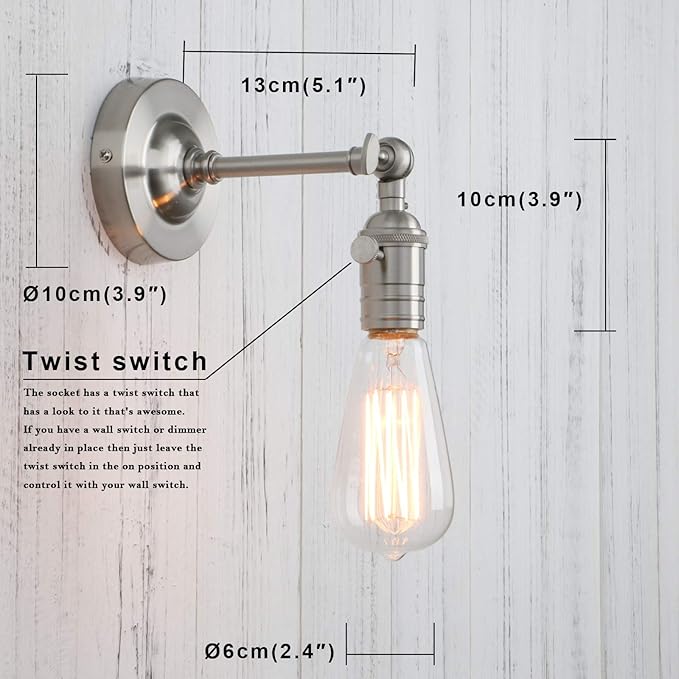 PERMO Vintage Industrial Pole Wall Mount Mini Single Sconce Metal Wall Sconces Fixture (Brushed)