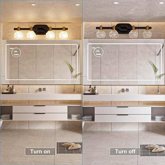 Lightdot 4-Light Bathroom Vanity Light, 23.6" Modern Bathroom Light Fixtures with Clear Crystal Waterproof Shades, Rust-Proof Horizontal Gold and Black Vanity Lights Over Mirror for Cabinet Hallway
