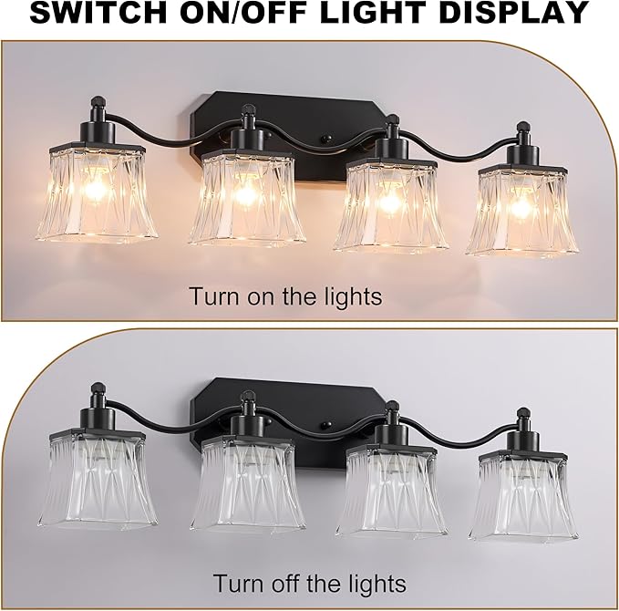 Bathroom Vanity Light Fixtures, 4-Light Vintage Matte Black Vanity Lights with Crystal Glass Shades, Farmhouse Bathroom Lighting Fixtures Over Mirror for Bathroom Bedroom Hallway