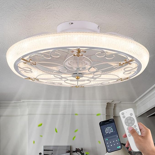 HuixuTe 20" White Caged Ceiling Fan with Lights Remote Control with Crystal Sand Lampshade, Rustic Industrial Ceiling Fan with Light for Kitchen Bedroom Living Room