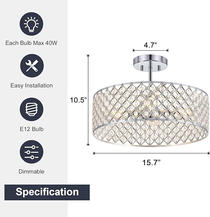 Chrome Crystal Ceiling Light Fixture,Modern Semi Flush Mount Ceiling Lighting Fixture,Round Small Chandelier for Dining Room, Hallway, Entryway, Kitchen, Bedroom,Foyer,4 Light,15.7 inch