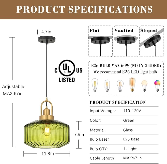 11.8in Mid Century Modern Green Glass Pendant Light Fixture, Large Gold Kitchen Island Pendants Light Glass Ceiling Hanging Lamp for Foyer Dining Room Bedroom Entryway Hallway Over Sink