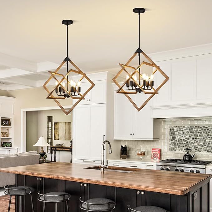 24" Modern Pendant Lights Kitchen Island, 6-Light Black + Wood Grain Farmhouse Pendant Light Fixtures, Industrial Hanging Pendant Lights Fixture for Kitchen Island Dining Room Hallway Foyer Entryway