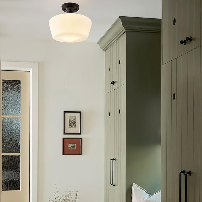 youngrender Black Schoolhouse Light Fixture, 12" Milk Glass Flush Mount Ceiling Light, Black Semi Flush Mount Ceiling Light for Farmhouse Kitchen Hallway Entryway